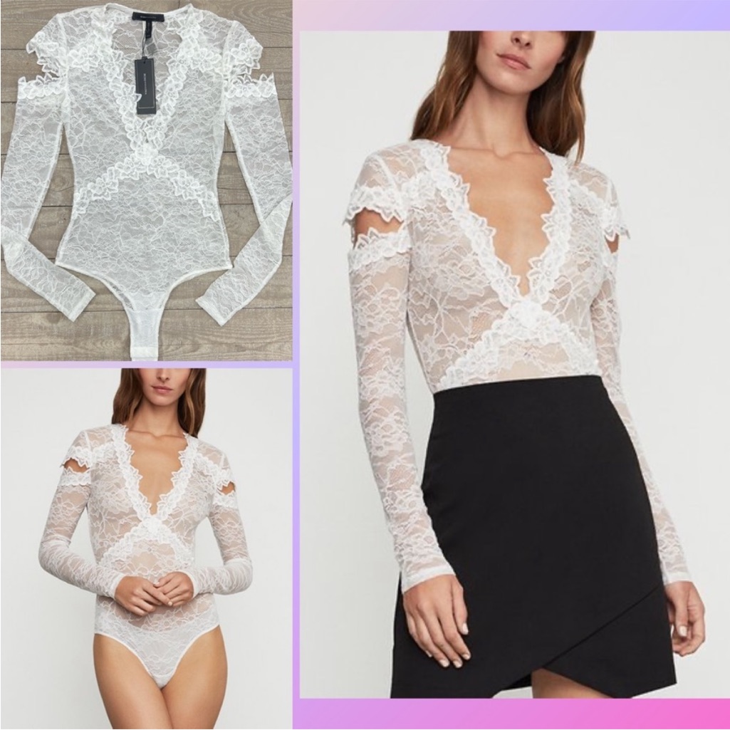 Nwt Bcbg Maxazria Off-White Lace Cut Out Bodysuit Size Xxs